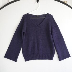 J Crew VNeck Textured Knit Sweater Pullover Dark Blue M Cotton Blend Loose Weave